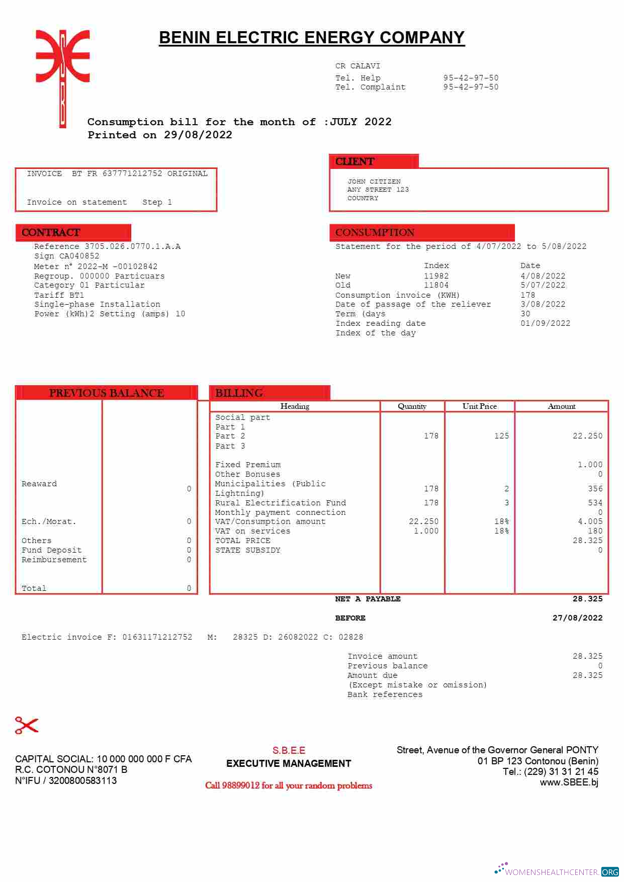 download download Benin Electric Company Word and PDF utility bill template PDF template PDF template